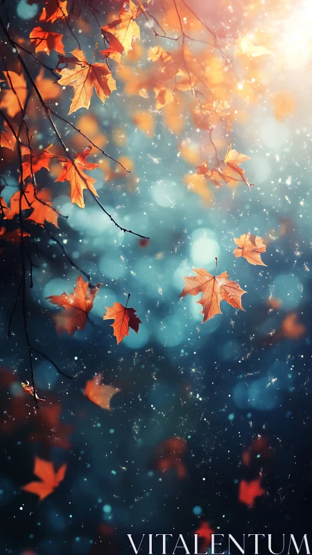 Golden autumn leaves drift softly through glowing light.