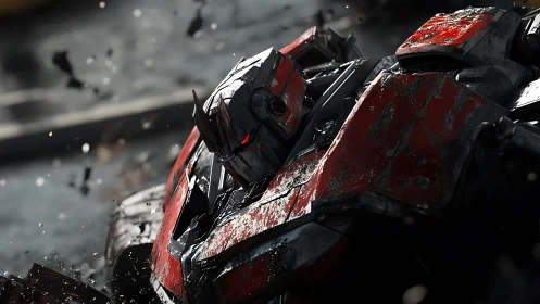 Battle worn red mech warrior rises through swirling debris