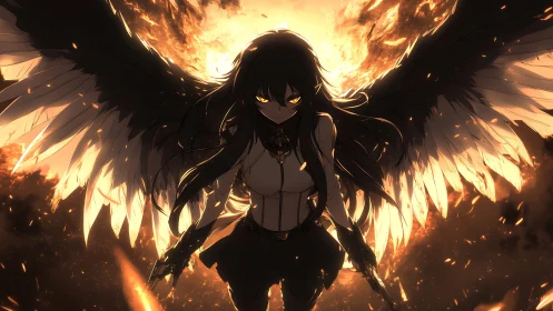 Winged dark warrior framed by molten celestial inferno.