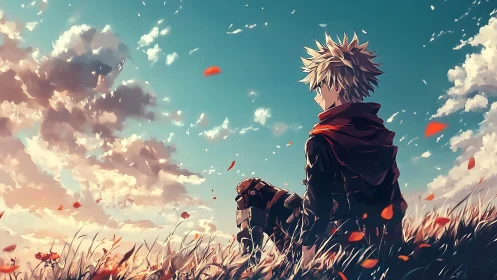 Anime boy in windy field under glowing sunset sky.