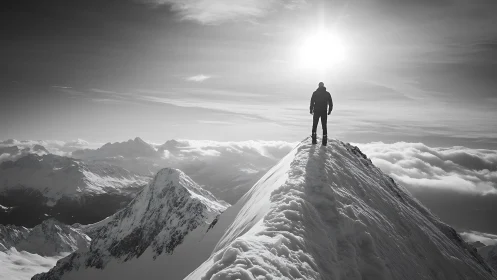 Backlit mountaineer on narrow snowy ridge under high-contrast sun