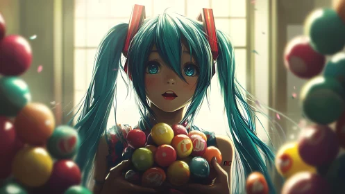 Neon‑haired girl clutching glossy gumballs in soft light.