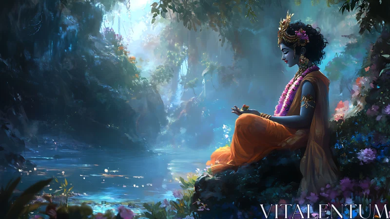 Divine blue figure meditates by luminous river in dense floral gorge