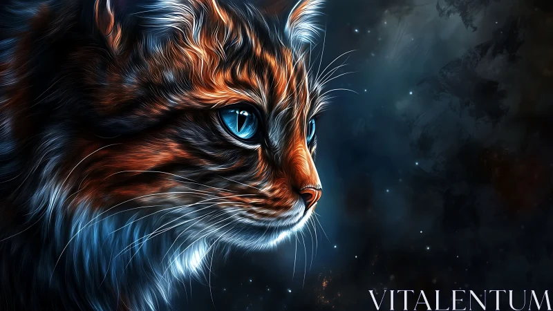 Digital profile portrait of cat in cosmic dark setting.