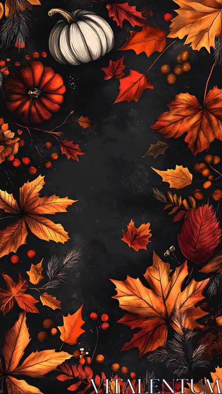 Autumn pumpkins and leaves frame on dark textured background.