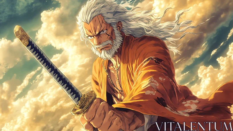 Storm-scarred elder swordsman poised before burning sky.