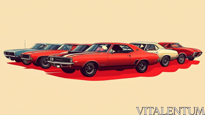 Sunlit lineup of retro muscle cars in bold candy colors.