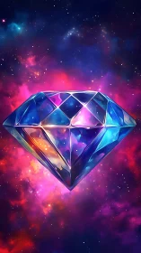 Floating faceted diamond shape rendered against nebula sky