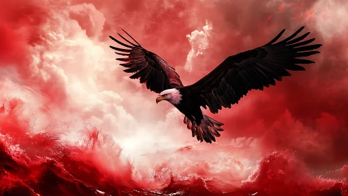 Crimson storm eagle carving fierce light through scarlet sky.