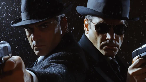 Two armed men in suits confront viewer in heavy rain at night