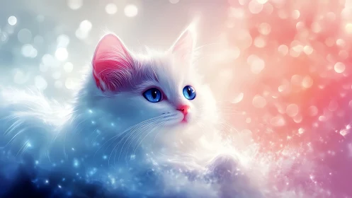 White cat with blue eyes rendered with bokeh light effects.