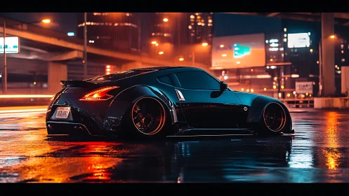 Modified black sports coupe idles under city overpass rain