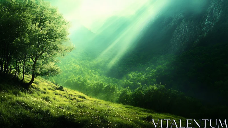 Sunlit forest valley slopes glow under soft green haze