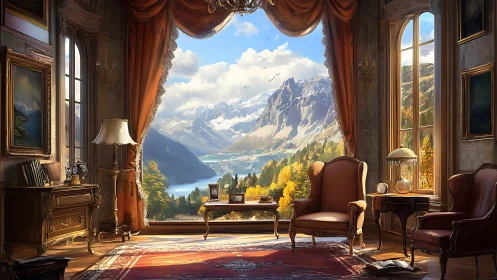 Opulent salon framing alpine lake through panoramic window.