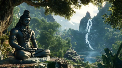 Meditating Shiva statue overlooks misty waterfall valley