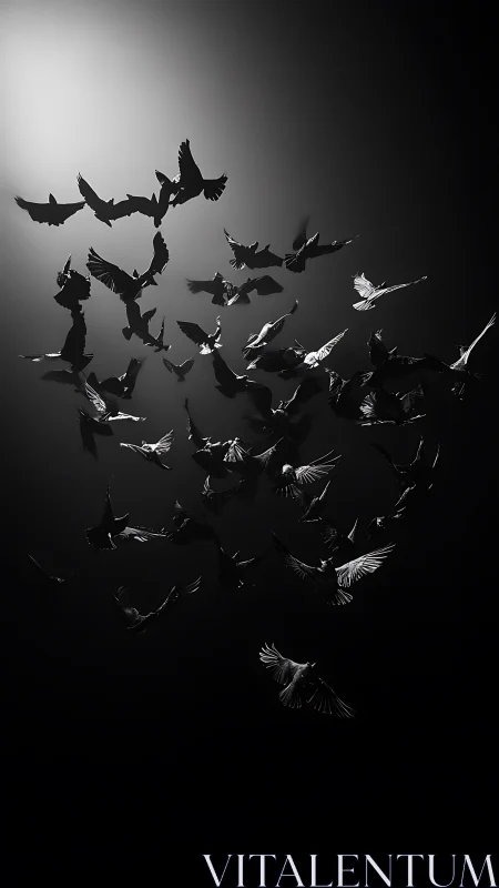 Graceful flock of birds rising through soft monochrome light.