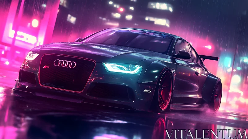 Neon-lit Audi RS coupe slices through glossy night streets.