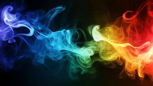 Multicolor luminous smoke waves over dark background.