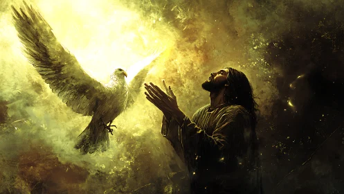 Radiant moment of prayer beneath a luminous white dove.
