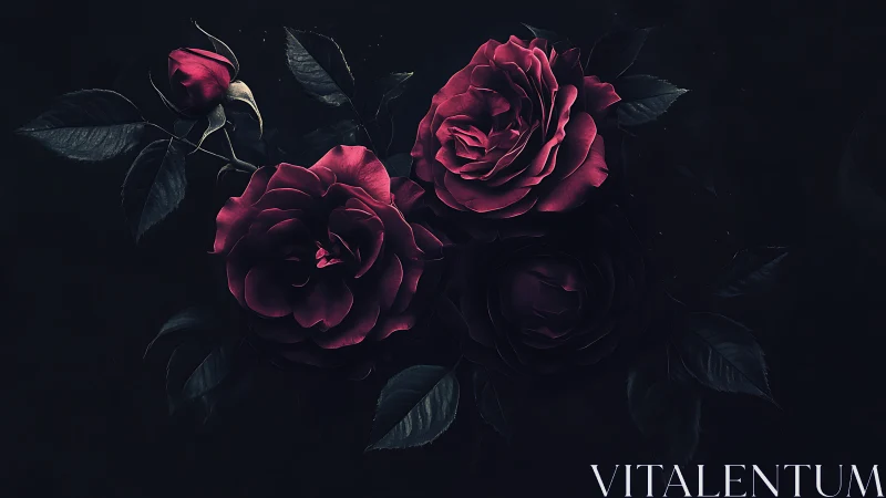 Crimson roses with dark foliage on black background.