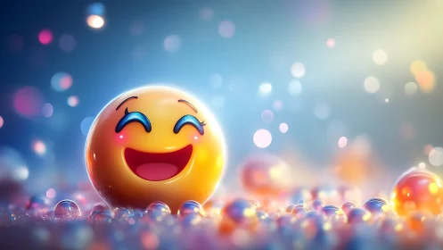 Smiling yellow emoji sphere amid soft bokeh light field.