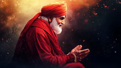 Elderly man in red robe against dark glowing backdrop.