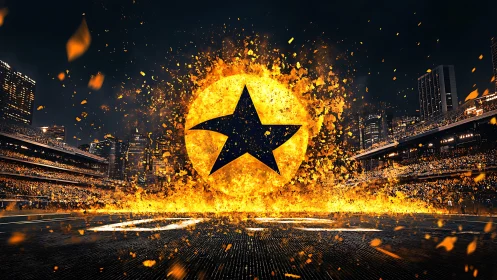 Explosive stadium emblem with incandescing starburst core.