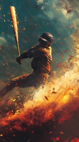 Baseball hitter drives molten swing through blazing storm.