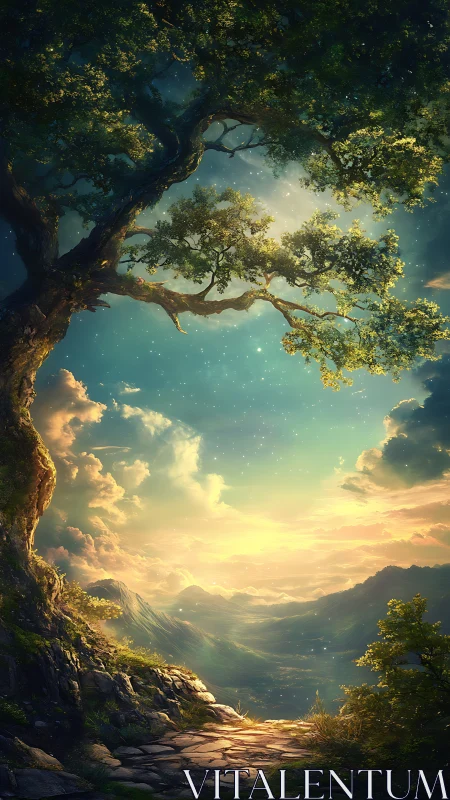 Golden mountain valley glows beneath an ancient guardian tree