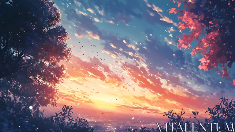 Digital sunset landscape with trees and distant city lights.