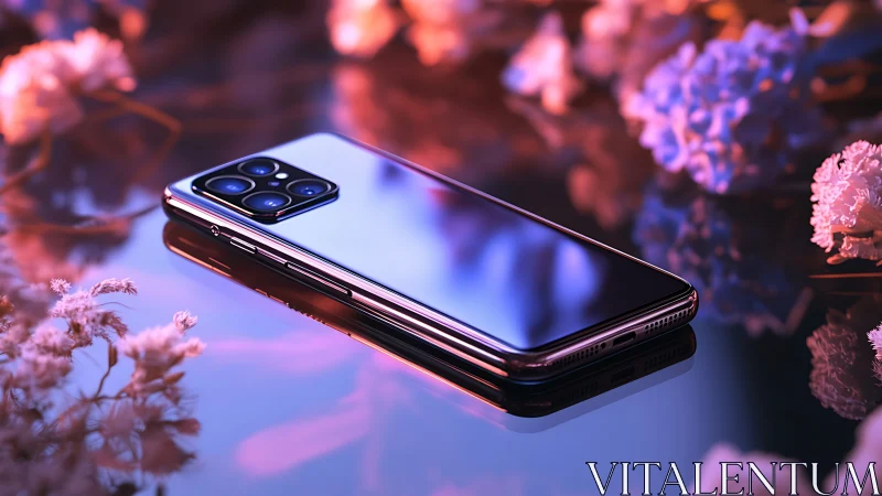 Mirror-gloss smartphone with quad camera under bicolor studio lighting