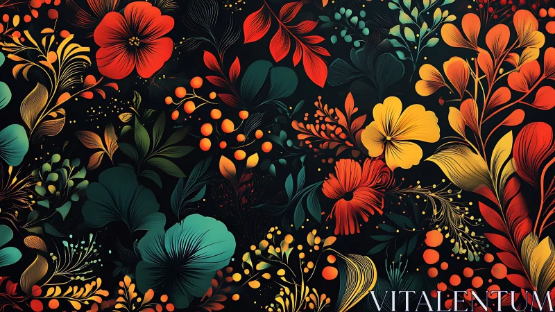 Dense floral pattern shows glowing tropical blooms on black