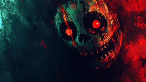 Skull-like face emerges from abstract teal and red field