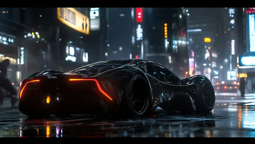 Aerodynamic cybercar in neon drenched nocturnal megacity street.