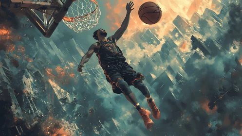 Skyline-slicing dunk over a storm of burning skyscrapers.