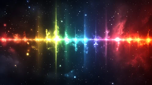 Cosmic rainbow light stretches across a sparkling starfield