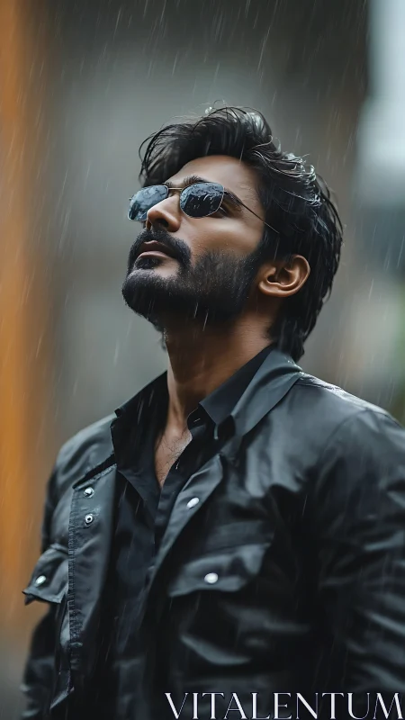 Man in sunglasses embraces the rain with quiet confidence