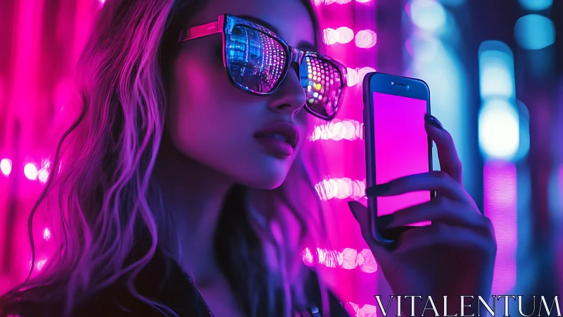 Woman holds smartphone in neon environment with reflective light