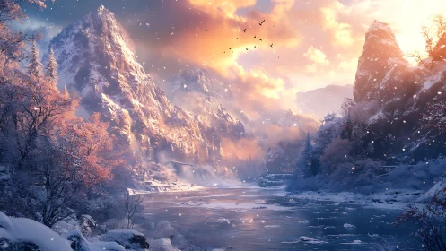 Snow covered mountain valley with river at sunset light.