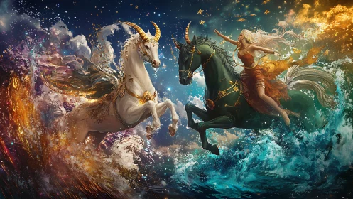 Mythical horned horses in turbulent celestial seascape.