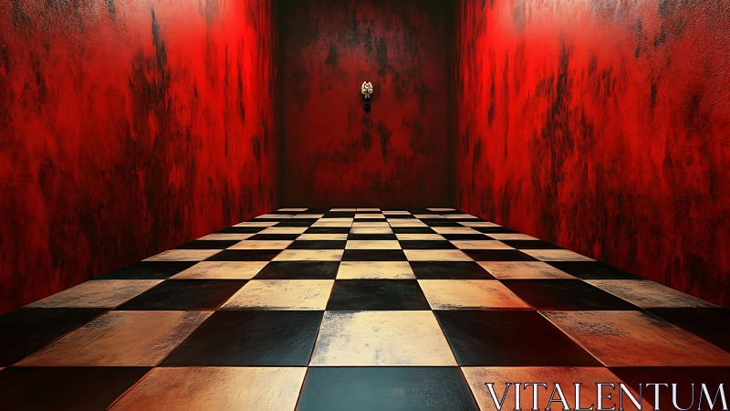 Chessboard corridor swallowed by searing crimson walls.