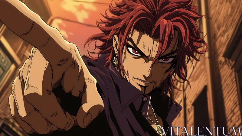 Male anime character extends hand in narrow urban alley