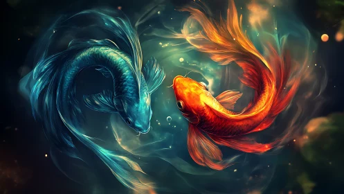 Dual koi in luminous cosmic whirl of teal and ember light.