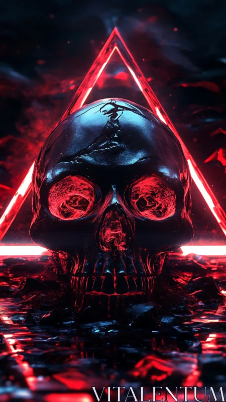 Glowing red neon triangle frames dark reflective skull.