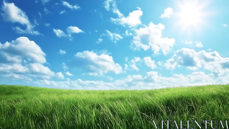 Sunlit grassy field beneath scattered cumulus clouds sky.