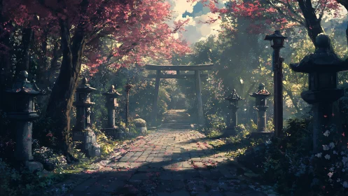 Sunlit shrine path drifts beneath a rain of crimson petals