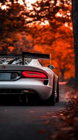 Low-angle telephoto view of track-modified supercar in autumn forest