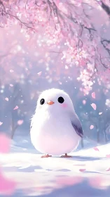 Fluffy white bird enjoys gentle snowfall under pink blossoms