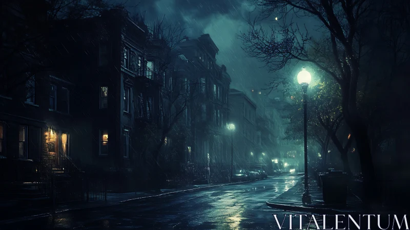 Rain-soaked city street glows under lonely lamplight at night.