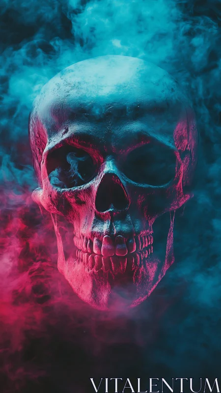 Luminous skull emerges through neon smoke and shadowed mist.